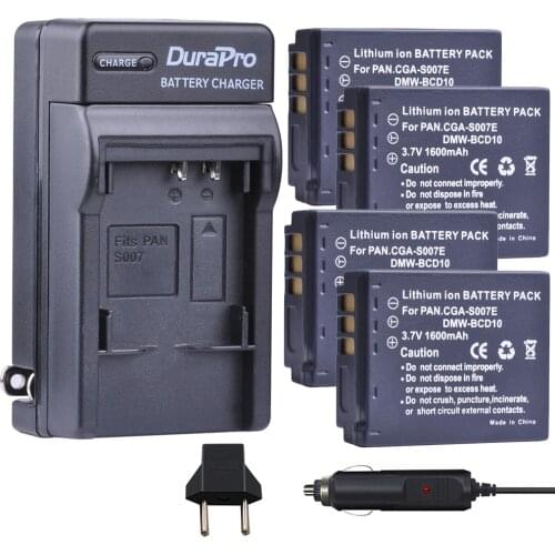 4pc CGA-S007E CGA-S007 CGA S007 DMW-BCD10 Li-ion Battery+Car Charger for Panasonic DMC TZ1 TZ2 TZ3 TZ4 TZ5 TZ11 E1032P TZ50 TZ15