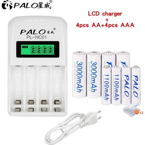 PALO 1.2V AA Rechargeable Battery 3000mAh NIMH 1.2V + 1100mAh AAA Rechargeable Batteries for microphone toy with charger