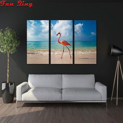 5D Diamond Embroidery Pink Flamingo Standing On Beach Round Square Drill Rhinestone Painting Cross Stitch Home Decor