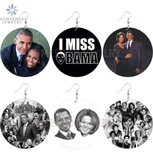SOMESOOR Black History Heros Printing African Wooden Drop Earrings Obama American First Lady Designs Jewelry For Women Gifts