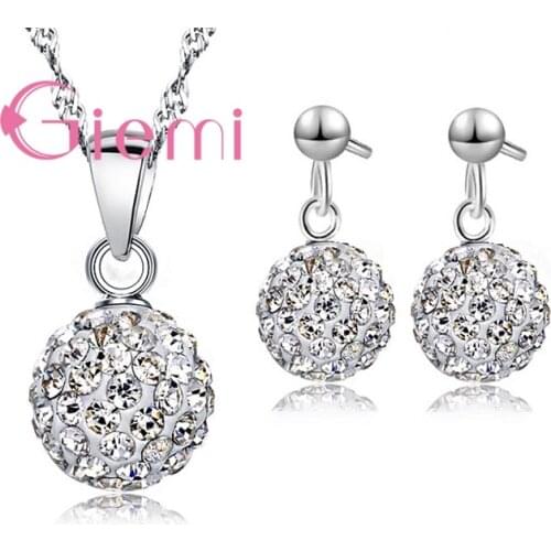 Promition Deal Elegant Ball Shape Jewelry Sets Full Of Shiny Rhinestone 925 Sterling Silver Pendant Necklace Stud Earring