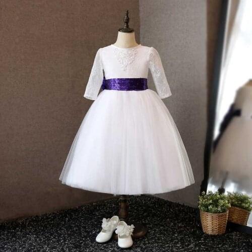 Tulle Flower Girl Dress Lace 3/4 Sleeves O Neck A Line Elegang Girls First Communion Dress with Sequins Sash Bow Kid Bride Dress