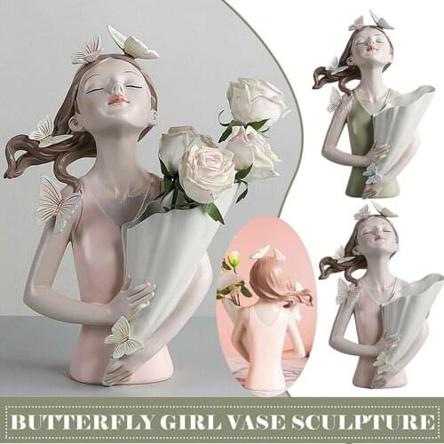 HOT Beautiful Butterfly Girl Sculptures Vases Countertop Vases Home Decor Gift Flowers Vases Ornaments For Home Office N
