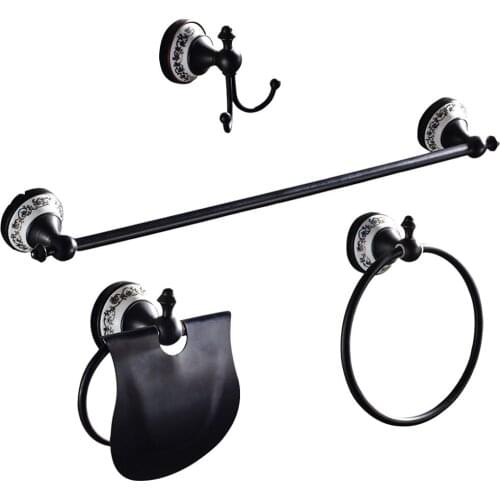 Leyden ORB Brass 4pcs Bathroom Accessories Set Black Single Towelr Bar Toilet Paper Holder Towel Ring Robe Hook Wall Mounted