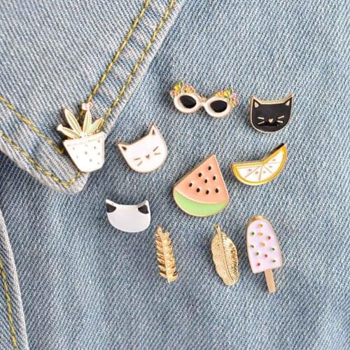 Cute Cartoon Brooches Popsicle Bunny Watermelon Leaves Cat Sunglasses Metal Brooches Women Clothes Badges Decoration Jewelry