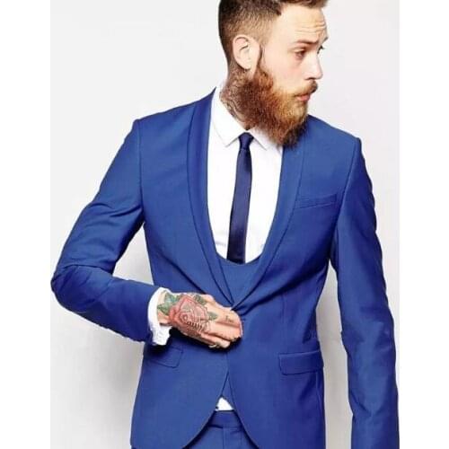 Fashionable One Button Blue Groom Tuxedos Shawl Lapel Groomsmen Best Man Mens Wedding Prom Suits (Jacket+Pants+Vest+Tie)