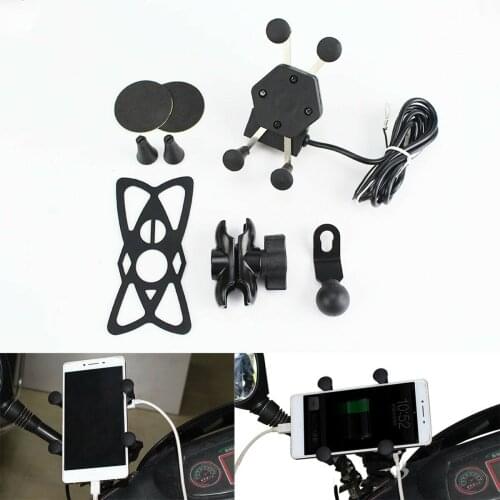 Motorcycle Bicycle Rear View Mirror X Grip GPS Mobile Phone USB Charger Stand Bracket Holder