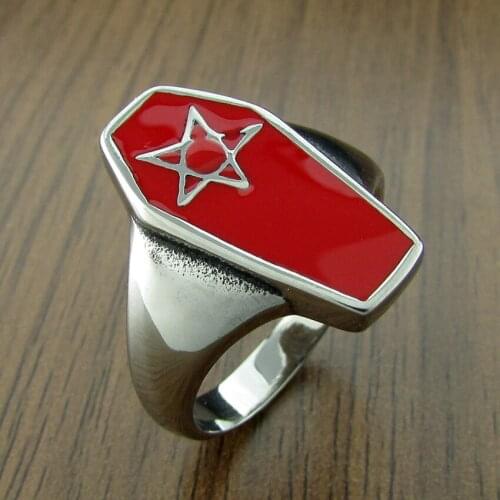 Free Shipping Punk Lucky Red Resin Color Coffin Ring 316L Stainless Steel Mens Five-Pointed Star Rings Jewelry