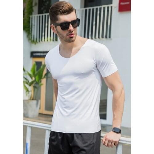 Men Ice silk short sleeve Solid color seamless underwear clothing close-fitting V-neck comfortable Quick dry undershirts