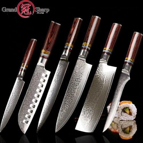 6 PCS knife set vg10 Japanese Damascus kitchen knives chef santoku cleaver slicing boning utility cooking tools stainless steel