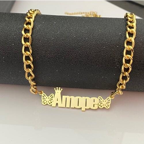Noelia Nolelia Custom Name Necklace With Butterfly Crown Personalized Stainless Steel Gold Cuban Chain Necklace For Women Gift