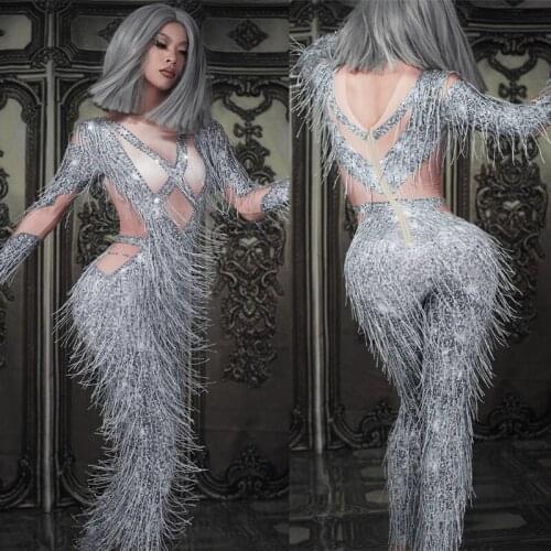 Silver Glittering crystals Rhinestones Fringe Skinny Jumpsuit Nightclub Bar DJ Singer Stage Wear Jazz Dance Performance Costume