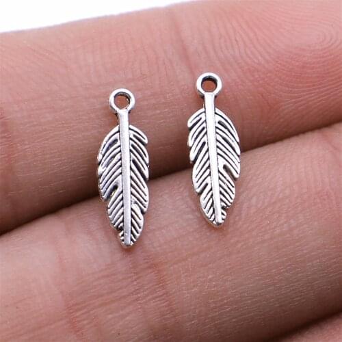 WYSIWYG 40pcs/lot Feather Charms Pendant DIY Metal Jewelry Making Antique Silver Color 15x5mm
