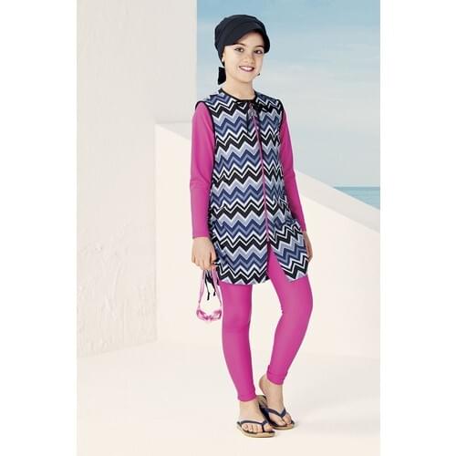 Full Closed Muslim Hijab Jowl Game Striped Fuchsia Full Hijab Female Child Swimwear New Season Trend 2021