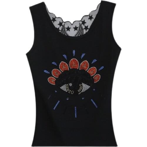 2021 Summer New Korean Style Sleeveless T-Shirt Personality Hot Diamond Round Neck Lace Patchwork Tops T6659