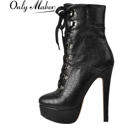 Onlymaker Women16cm Snake Platform Stiletto Ankle Boots for Women Lace Up Side Zipper Black 2019