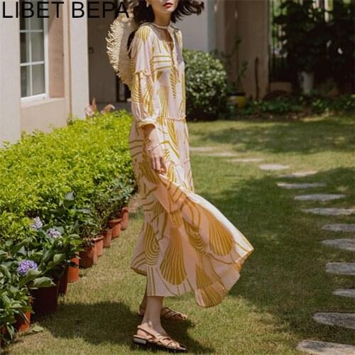 2021 New Summer Womens Dresses Beach Holiday Boho High Waist Vintage Print Floral Three Quarter Lace Up Loose Long Dress DR993