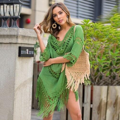Ladies Pareo Tassels Beach Outing Crochet Cover Up Hollow Out Beach Dress Tunics Deep v Neck Femme Loose Bikini Cover Up