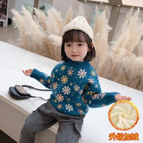 2021 Winter Baby Foreign-Style Knit Sweater Plus Velvet Thickening Bottoming Shirt Children Bear Letter Sweater Girls