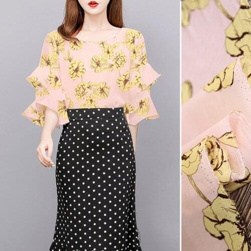 1 Meter Pink Printed Silk Crepe De Chine Fabric Summer Mulberry Shirt Light Clothing