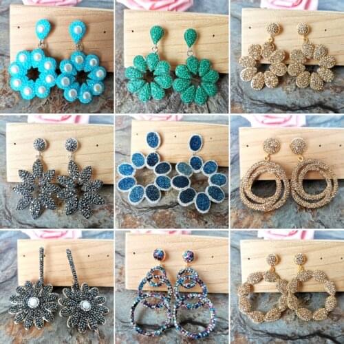 1 pair Fashion Women Circle Flower Earrings with Rhinestone Paved Dangle Earrings Handmade Jewerly ER536