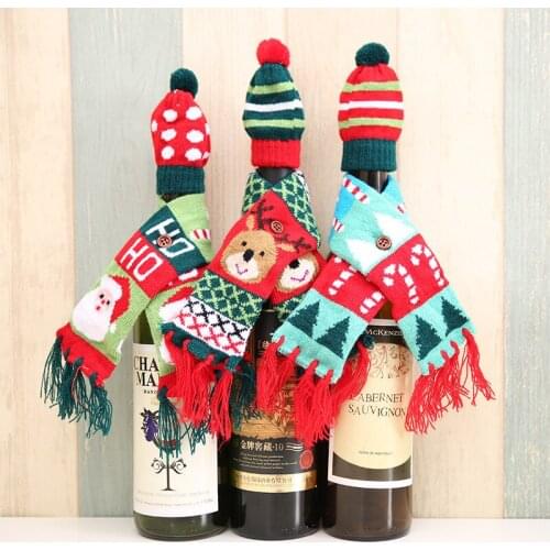 2pcs/set Scarf&Hat Knitted Red Wine Bottle Decoration Novelty Scarf Bear Tassel Santa Claus Hat For Home Christmas Decorations