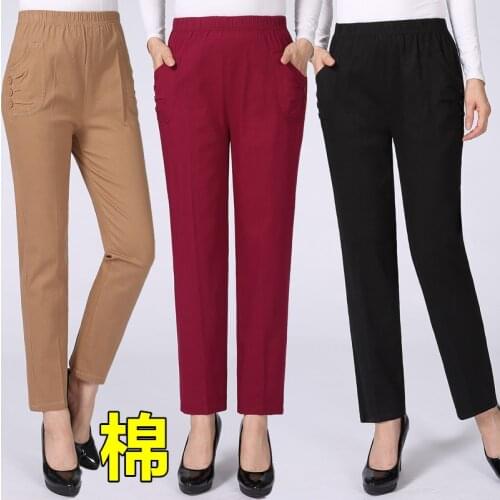 2019 Autumn Middl Aged Women Elastic high Waist Casual Pure cotton Straight Pants Female Trousers Plus Size Clothing joggers