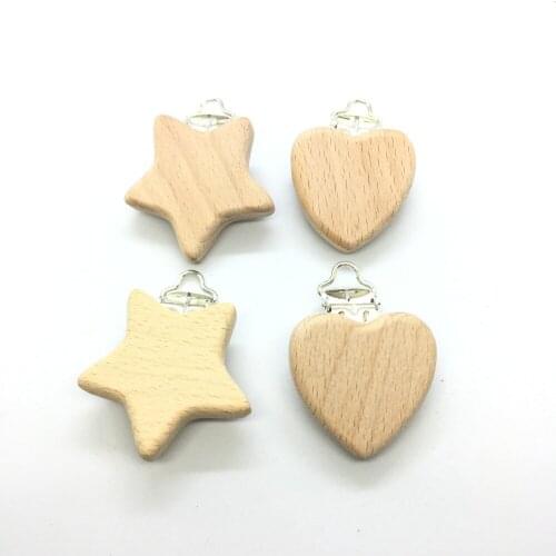 25PCS Natural Beech Wooden Star and Love Heart shape mix Baby Pacifier Clips