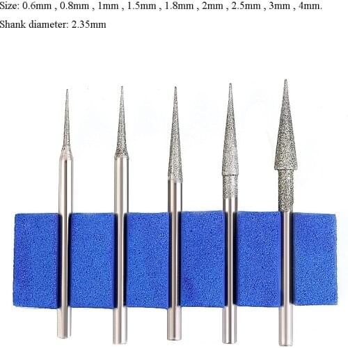 10PCS 0.6mm - 4mm Diamond Burr Grinding Bit Point 2.35mm Shank for Glass Stone Jade