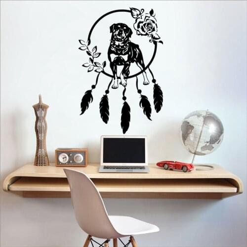 Boho Dreamcatcher Rottweiler Dog Wall Sticker Baby Nursery Kids Room Dream Catcher Dog Flower Wall Decal Bedroom Vinyl Decor