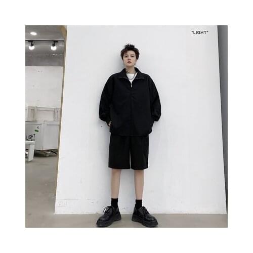 Large Spring Zipper stand collar loose pullover long sleeve shirt shorts two-piece trendy mens casual suit