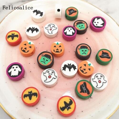 100pcs 10mm Spacer Beads Pumpkin/Ghost/Bat Halloween Polymer Clay Beads For Jewelry Making DIY Handmade Jewelry Crafts