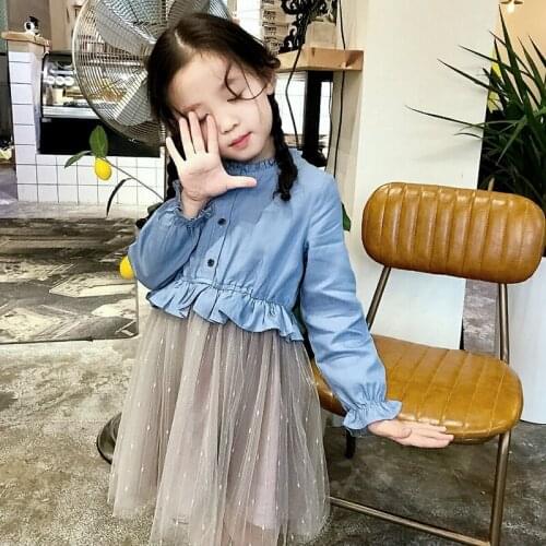 Kids Dress For Girls Autumn New Long Sleeve Denim Dress For Girls Kids Casual Mesh Tutu Dress LZ082