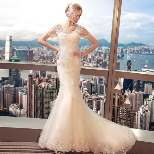 Ezkuntza V Neck New Style Beautiful Sequined Lace Wedding Dress 2021 Wedding Vestido De Noiva Mermaid Wedding Dresses