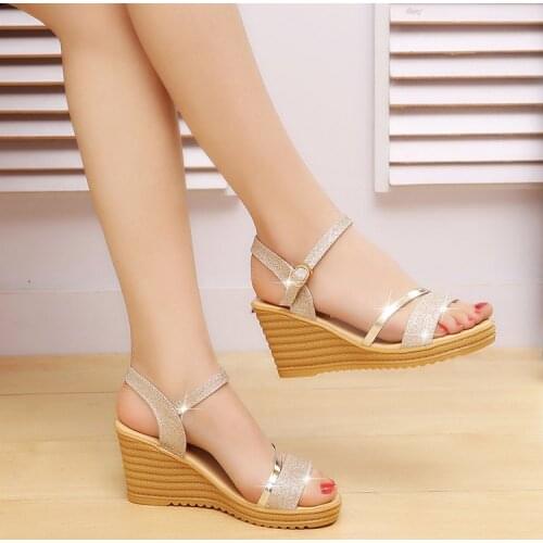 Classic Summer Gold Women Sandals Fashion High Heels Bling Buckle Gladiator Sandals Platform Wedge Non-slip fish mouth Shoes