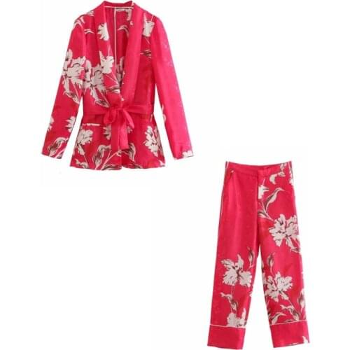 PUWD Elegant Women Red Print Sashes Suits 2021 Spring Fashion Female Slim V Neck Blazers Suit Ladies High Waist Trousers Sets