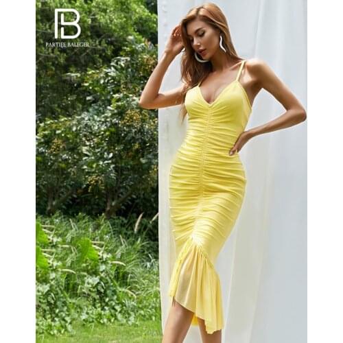 PB Trendy Yellow Bandage Slilp Dress Draped Mesh Splicing Lace-up Design Sexy V Neck Celebrity Party Club Vestido Free Shipping