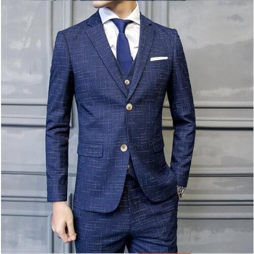 Two Buttons Men Slim Fit Suits Wedding Business Suits For Men Formal Casual Tuxedos Plaid Stripe Suits 3 Pieces Jacket Vest Pant