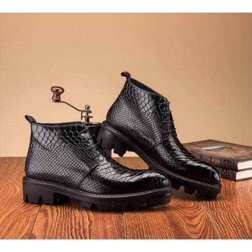 Autumn Winter Genuine Leather Snake ankle boots Fashion lace-up Thick bottom dress shoes High top round toe oxford