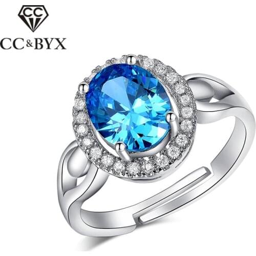 Adjustable cocktail rings for women blue oval stone AAA party ring white gold color jewelry bague femme CC172
