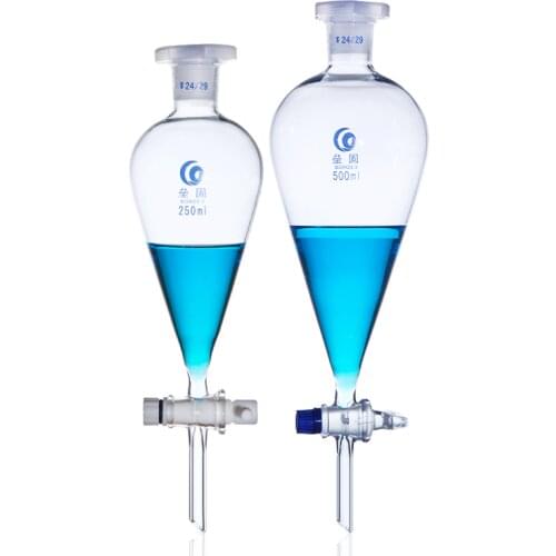 Pear-shaped separatory funnel and solid pear-shaped glass PTFE piston with standard port 250/500/1000ml