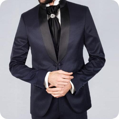 Navy Blue Mens Wedding Suits Black Shawl Lapel Slim Fit Wedding Tuxedos Groom Wear Ternos Two Pieces Jacket Pants Costume Homme