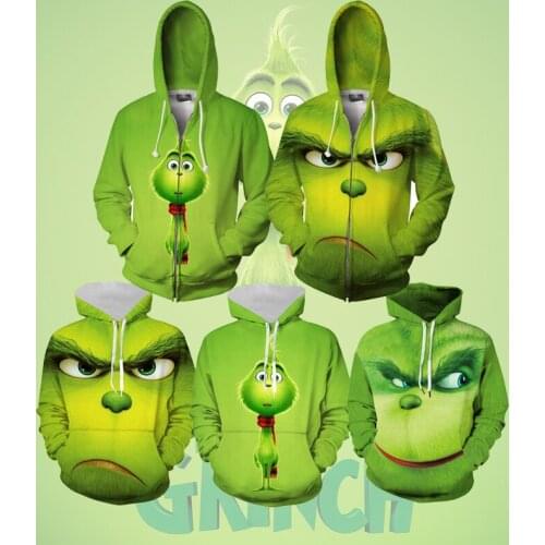 Christmas Grinch Cosplay Costumes Sweater Hoodies Cartoon 3D Print Zipper Jacket Xmas Christmas Halloween Oversize Men Women