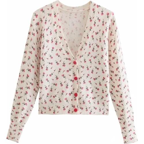 ZA Women Fashion Floral Print Knitted Cardigan Vintage Long Sleeve Sweater+Knitted Chest strap Top 2-piece Set XITIMEAO