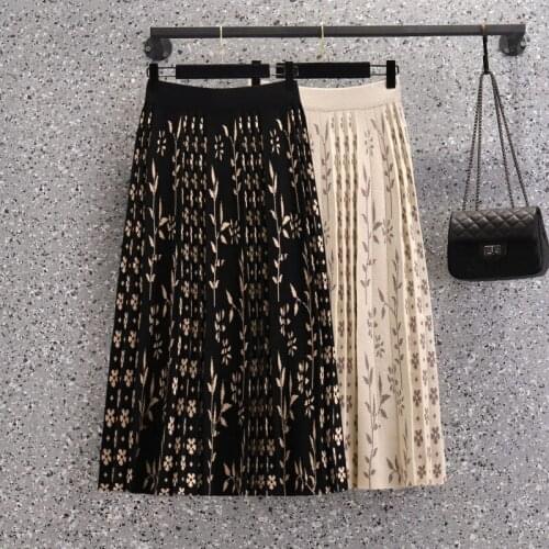 Knit Flowy Sweater Skirt Fashion Retro Women Autumn Winter Large Size Korean Clothing Print Floral Elegant Jupe Midi Saias M655