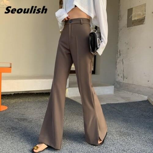 Seoulish 2021 New Spring Autumn Black Split Womens Flare Pants High Waist Elegant Long Pants Work Casual Loose Trousers Female