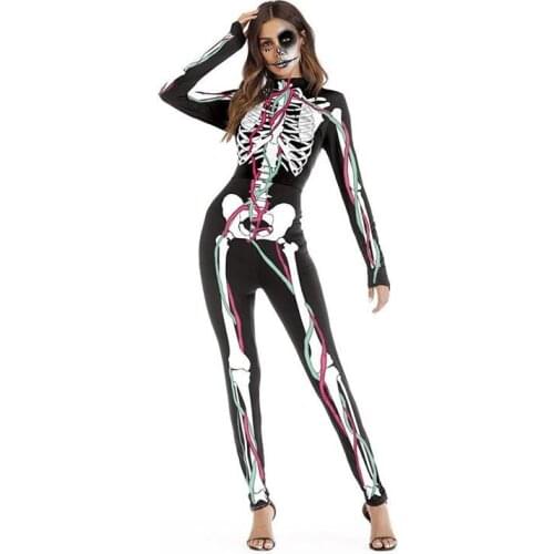 Halloween Costumes For Women Scary Skeleton Jumpsuit Skinny 3D Printed Long-Sleeved Romper Party Carnival Performance Costume