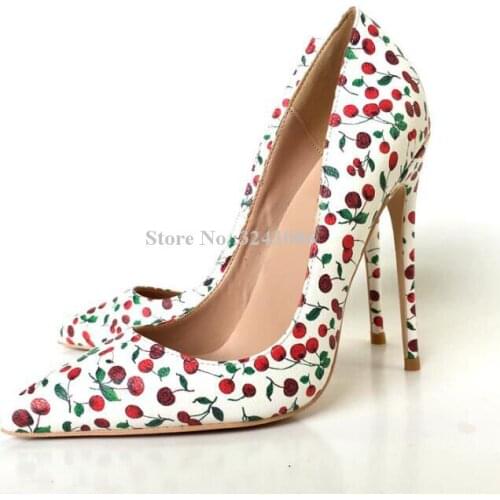 New Cherry Printed Leather 10/12cm Pumps Lady Sexy Pointed Toe Stiletto Heel Single Shoes Woman Popular Dress Shoes Large Size