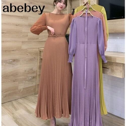 2021 New Summer Elegant temperament O-neck long sleeve Dress high waist lace up waist mid-length A-line Pleated Dress