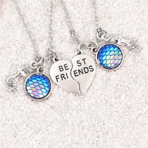 1Pair New Arrival Shimmery Rainbow Fish Scale And Mermaid Charms Stitching love Nautical Necklaces Friends Gift Jewelry E2523